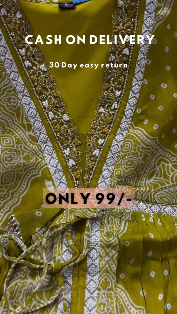 Olive Bloom: Angrakha-Style Printed Anarkali Kurta & Trouser Set