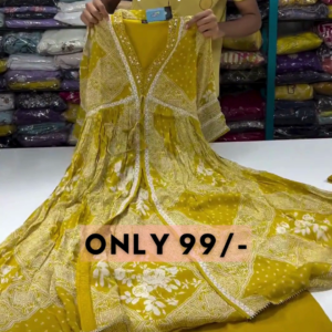 Olive Bloom: Angrakha-Style Printed Anarkali Kurta & Trouser Set