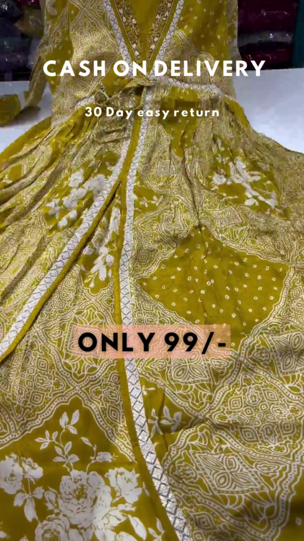 Olive Bloom: Angrakha-Style Printed Anarkali Kurta & Trouser Set