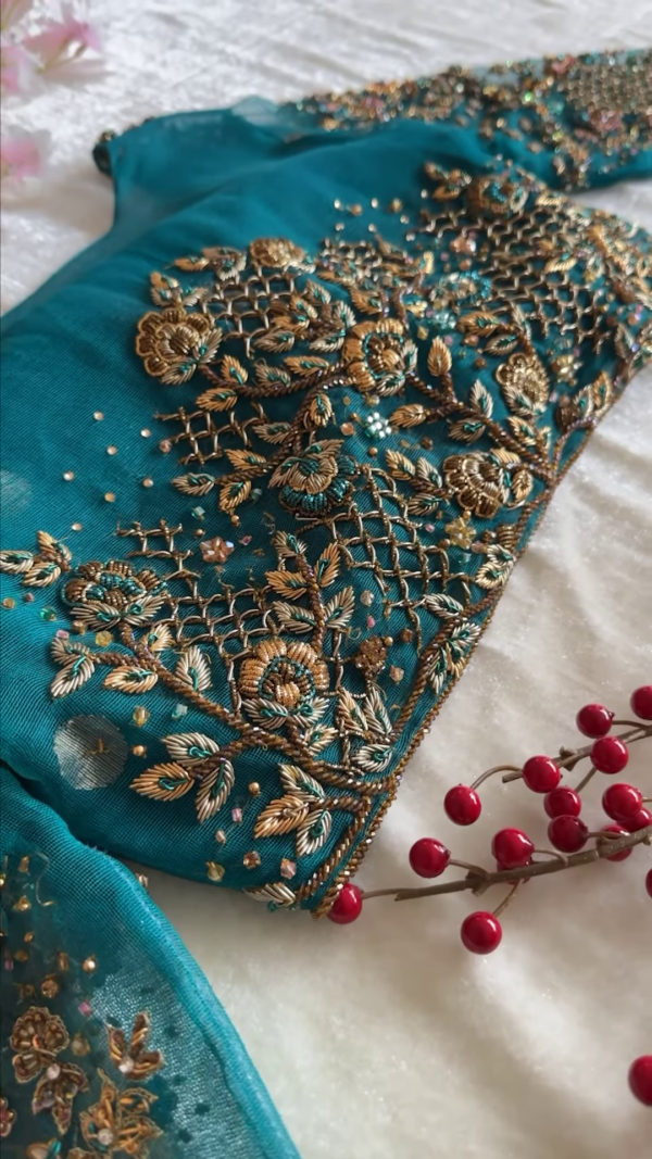 84-2.png Regal Teal Gold Hand-Embroidered Net Dupatta