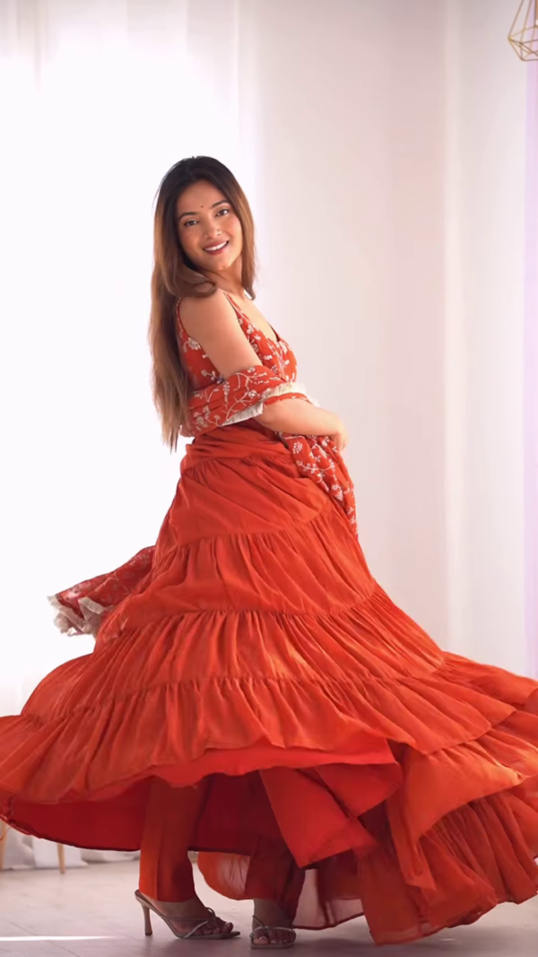 Rust Red Embroidered Tiered Anarkali Set