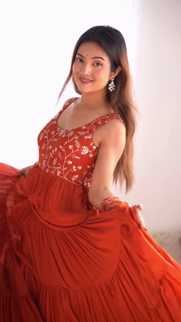 Rust Red Embroidered Tiered Anarkali Set