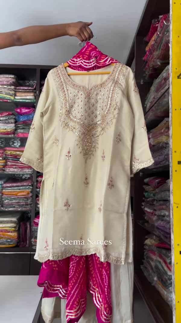 Elegant Cream Embroidered Suit with Bandhani Dupatta
